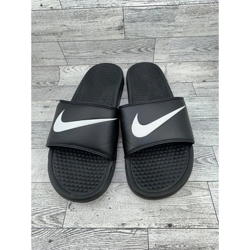Nike Benassi JDI Black White Swoosh Slide Sandals 343880-011 Men Sz 8